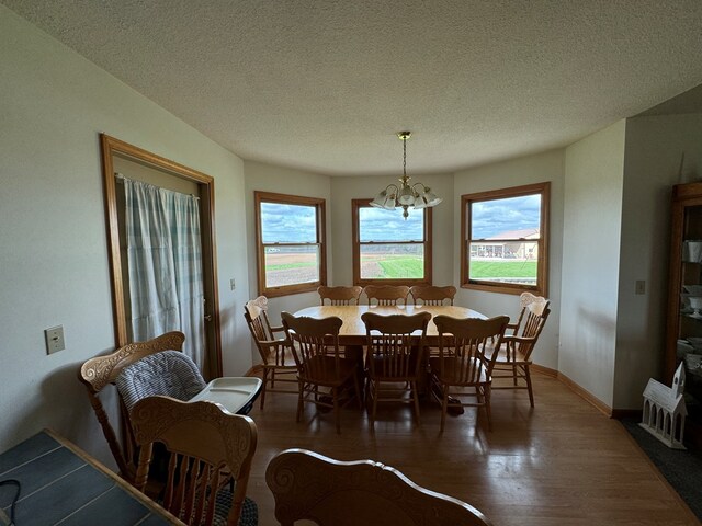 14695 Motter Hill Rd, Kirksville, MO 63501 - dining space featuring a chandelier, a textured ceiling, wood finished floors, and baseboards