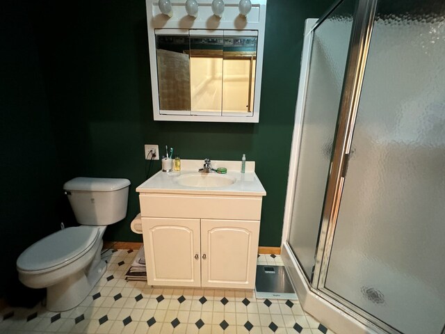 14695 Motter Hill Rd, Kirksville, MO 63501 - bathroom featuring a stall shower, toilet, vanity, and baseboards