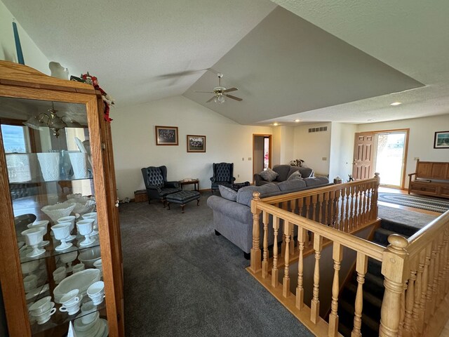 14695 Motter Hill Rd, Kirksville, MO 63501 - carpeted living area featuring lofted ceiling, a ceiling fan, and recessed lighting