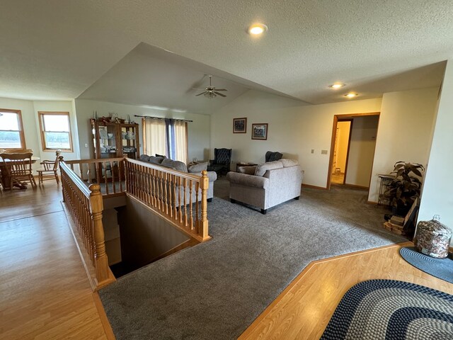 14695 Motter Hill Rd, Kirksville, MO 63501 - living area featuring wood finished floors, a textured ceiling, a ceiling fan, vaulted ceiling, and baseboards
