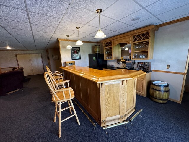 14695 Motter Hill Rd, Kirksville, MO 63501 - indoor dry bar featuring freestanding refrigerator, dark carpet, a paneled ceiling, decorative light fixtures, and baseboards