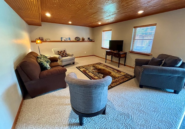 living room featuring carpet flooring and wood ceiling