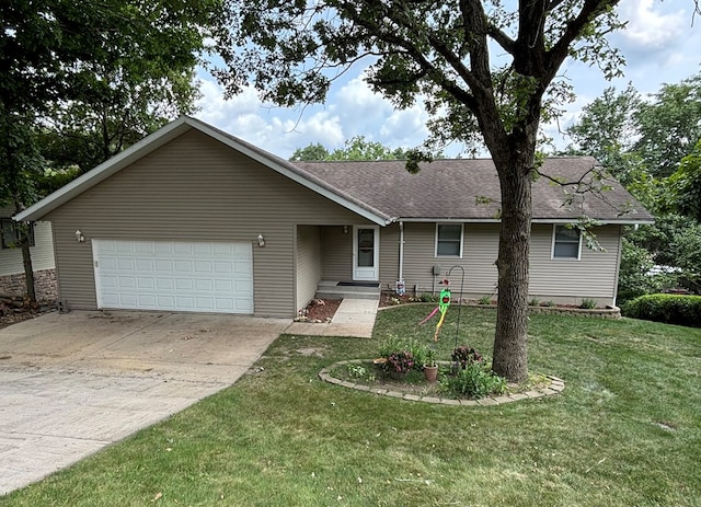 single story home with a front lawn and a garage