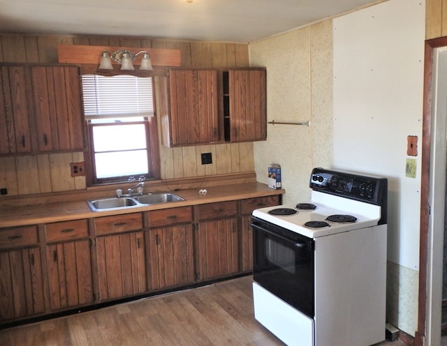 kitchen featuring sink, hardwood / wood-style flooring, wood walls, and electric stove