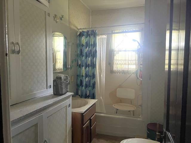 110 Van Buren St, Browning, MO 64630 - bathroom featuring vanity, shower / tub combo with curtain, and wallpapered walls
