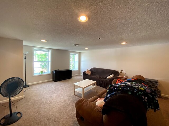 carpeted living room featuring a textured ceiling