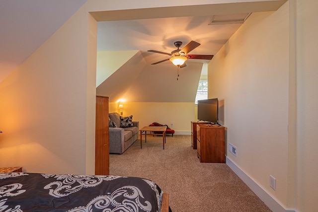 bedroom featuring light colored carpet, ceiling fan, and lofted ceiling