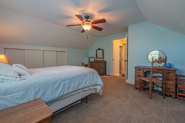 bedroom featuring carpet flooring, ceiling fan, and lofted ceiling