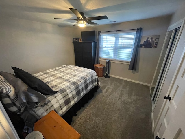 carpeted bedroom with ceiling fan