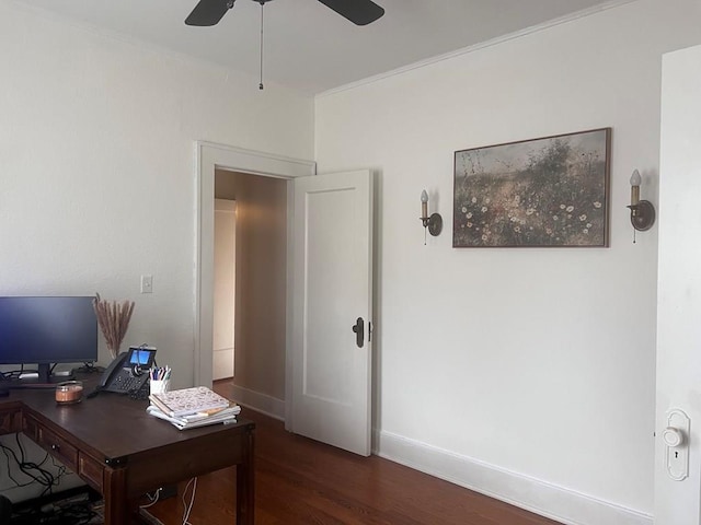 office space featuring ceiling fan and dark hardwood / wood-style flooring