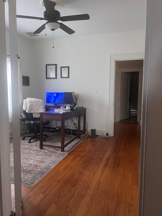 office area featuring hardwood / wood-style floors and ceiling fan