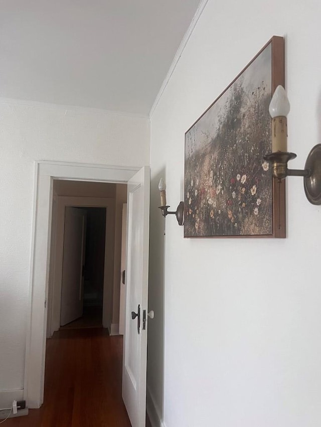 corridor with dark hardwood / wood-style flooring and ornamental molding