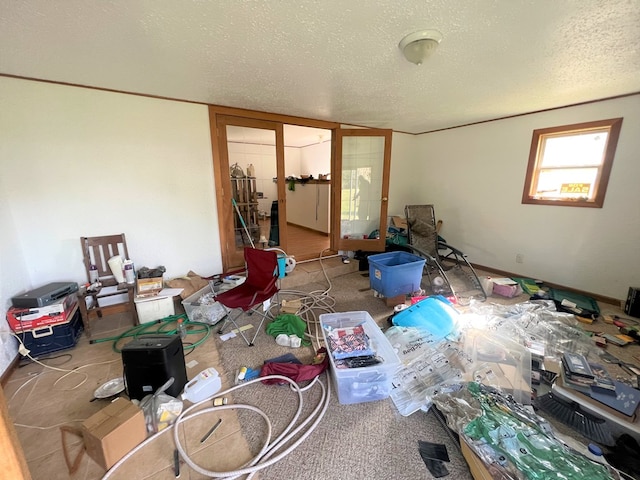 misc room with carpet flooring and a textured ceiling