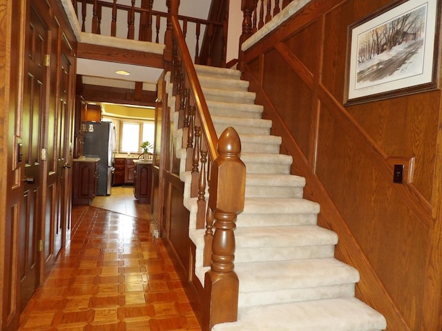 stairs with wooden walls