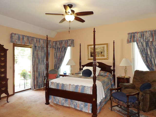 carpeted bedroom featuring access to outside, ceiling fan, and lofted ceiling