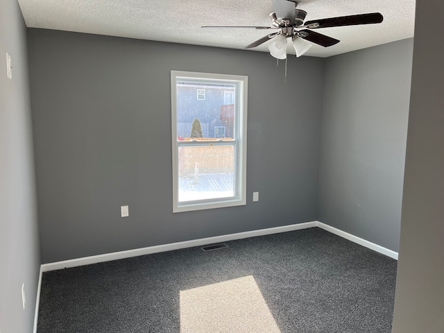 506 E Mill St, Kirksville, MO 63501 - spare room featuring carpet, baseboards, a textured ceiling, visible vents, and a ceiling fan