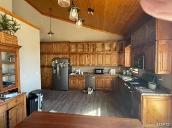 kitchen featuring appliances with stainless steel finishes, vaulted ceiling, hanging light fixtures, and wood ceiling