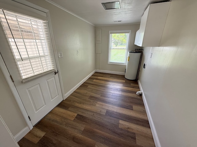 713 E Dear St, Kirksville, MO 63501 - doorway with gas water heater, dark wood finished floors, baseboards, and ornamental molding