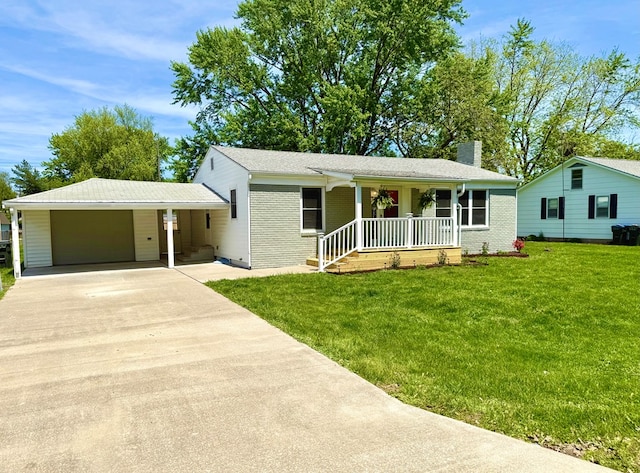 713 E Dear St, Kirksville, MO 63501 - ranch-style house with covered porch, a chimney, driveway, a front lawn, and an attached garage