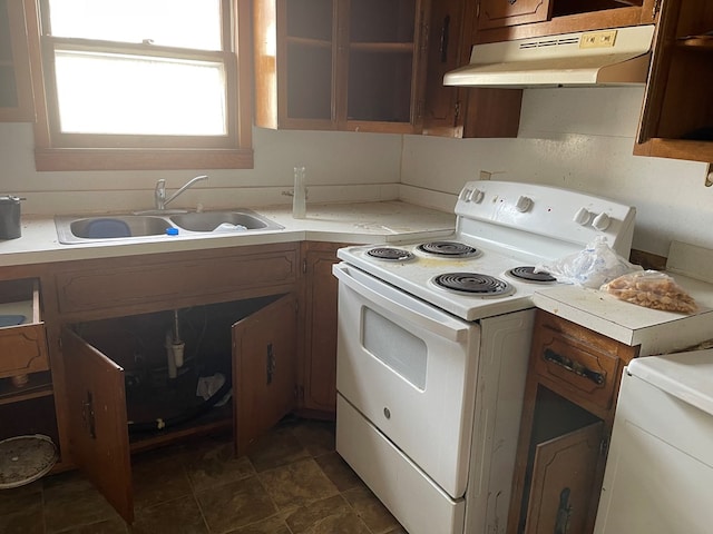 kitchen with a sink, under cabinet range hood, light countertops, and electric stove