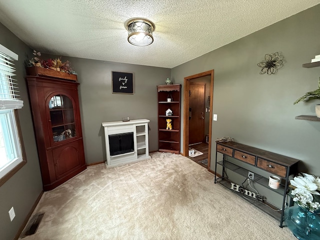 2515 N E St, Kirksville, MO 63501 - carpeted living area featuring a fireplace and a textured ceiling