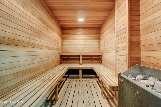 view of sauna featuring recessed lighting and hardwood / wood-style floors