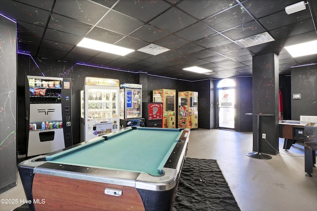recreation room featuring pool table, a drop ceiling, concrete floors, and visible vents