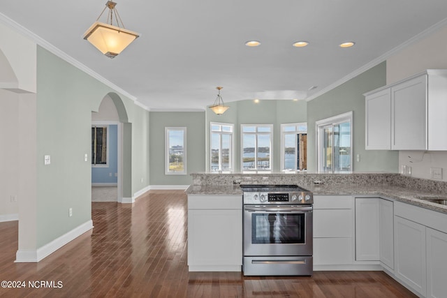 kitchen with white cabinets, hanging light fixtures, stainless steel range with electric stovetop, and dark hardwood / wood-style floors