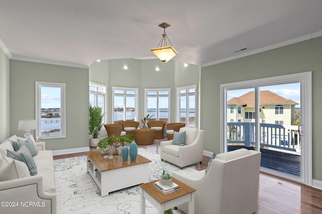 living room featuring a water view, vaulted ceiling, light wood-type flooring, and ornamental molding