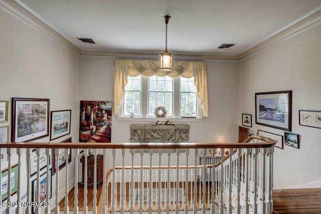 hallway featuring dark hardwood / wood-style floors and ornamental molding
