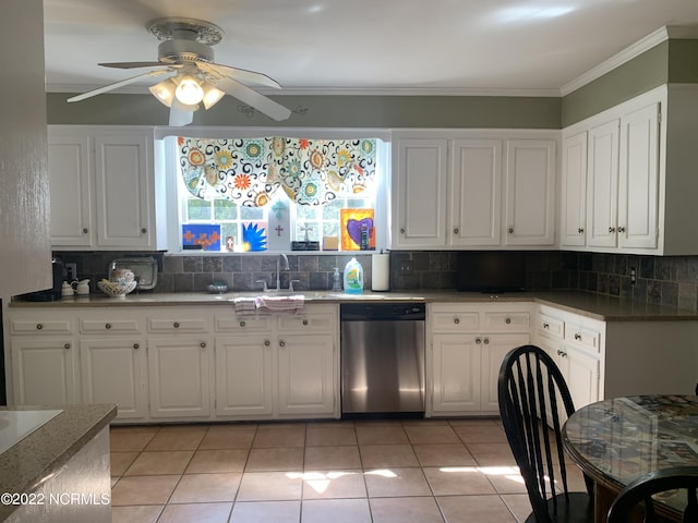 101 Spruce St, Washington, NC 27889 - kitchen featuring stainless steel dishwasher, a ceiling fan, backsplash, white cabinetry, and light tile patterned flooring