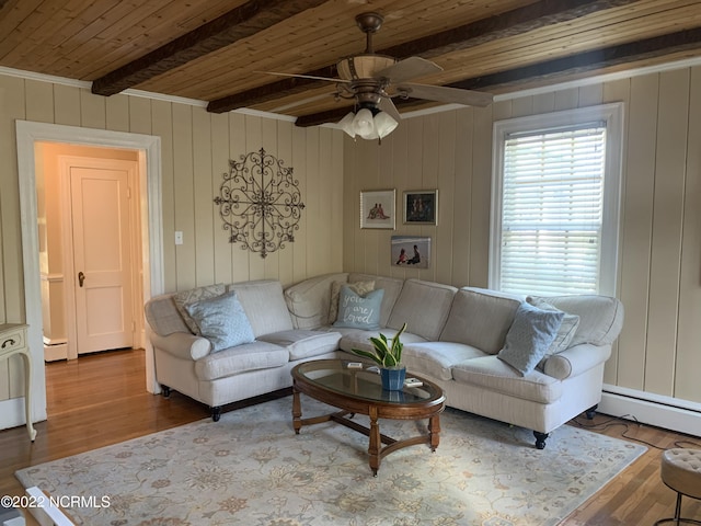 101 Spruce St, Washington, NC 27889 - living room with beamed ceiling, wooden ceiling, wood finished floors, a ceiling fan, and wood walls