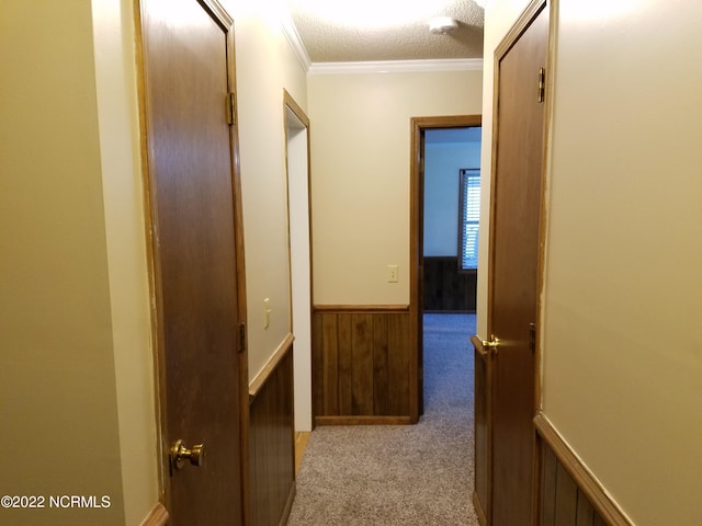 hallway featuring ornamental molding, light carpet, and a textured ceiling