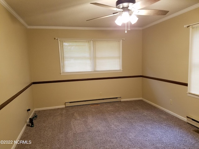 unfurnished room with carpet flooring, baseboard heating, crown molding, and ceiling fan