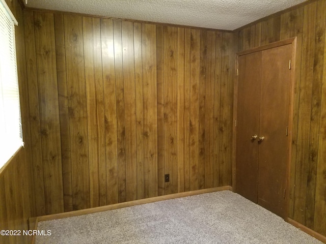 unfurnished room featuring wooden walls, a textured ceiling, and carpet floors