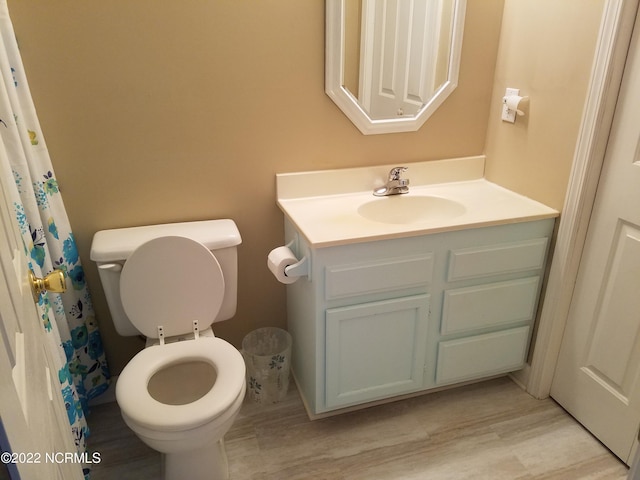 bathroom with toilet, vanity, and wood-type flooring