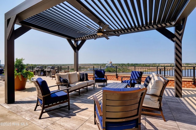 view of patio with a ceiling fan, an outdoor hangout area, and a grill