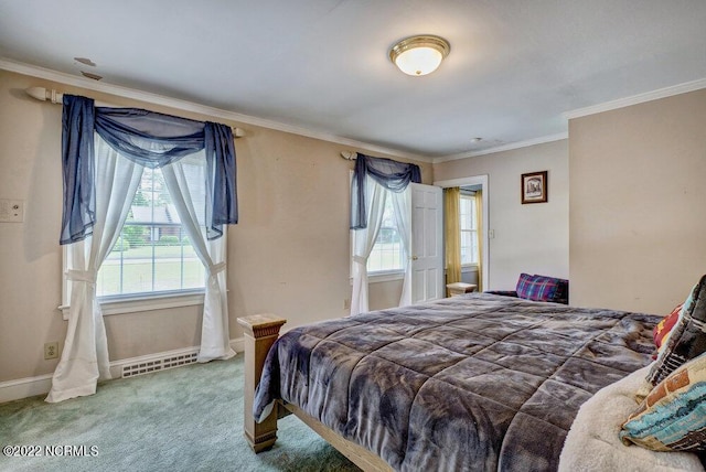 carpeted bedroom with ornamental molding and multiple windows