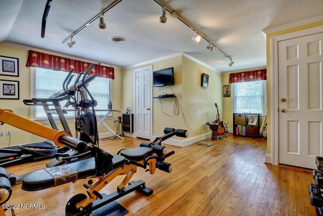 workout area featuring track lighting, a textured ceiling, light hardwood / wood-style floors, and ornamental molding