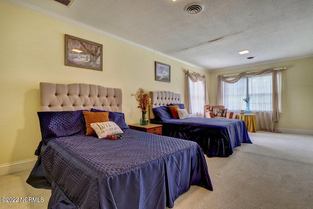 bedroom featuring a textured ceiling, light colored carpet, and ornamental molding