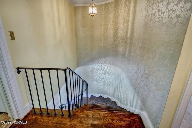 staircase featuring dark hardwood / wood-style floors and ornamental molding