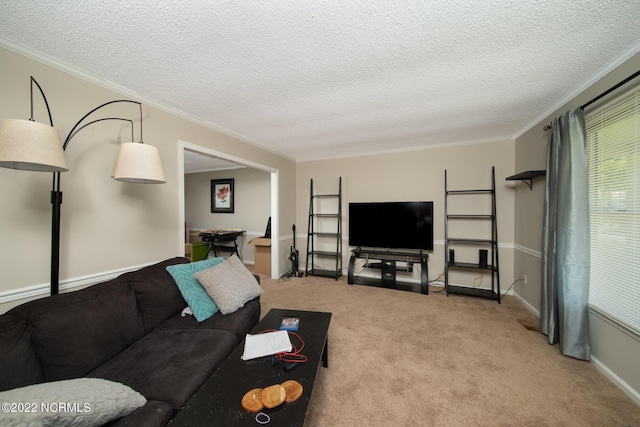 living room featuring light carpet, a textured ceiling, and crown molding