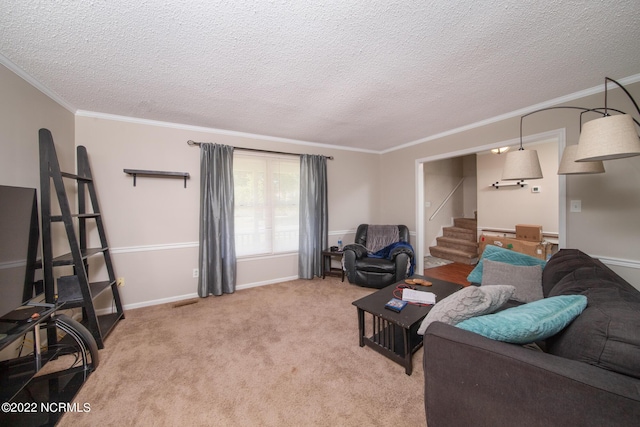 carpeted living room with a textured ceiling and crown molding