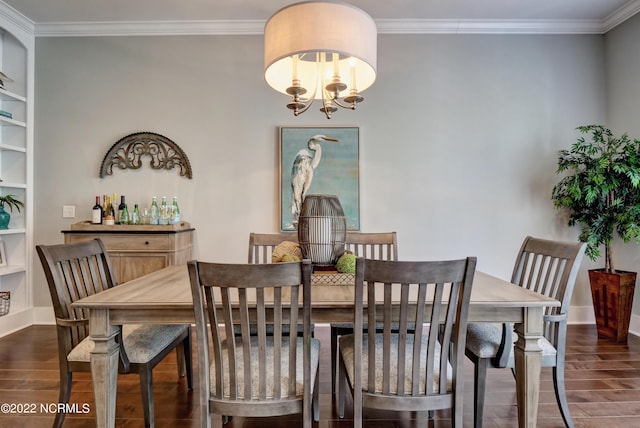 dining space with built in features, a notable chandelier, crown molding, and dark hardwood / wood-style flooring