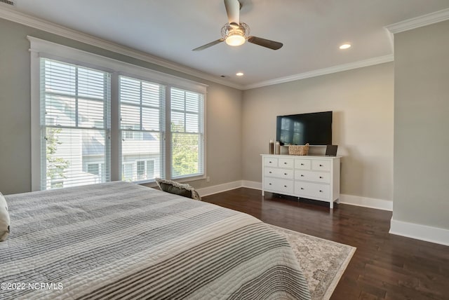 bedroom featuring ornamental molding, ceiling fan, and dark hardwood / wood-style floors