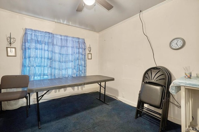 office space with crown molding, carpet, and ceiling fan