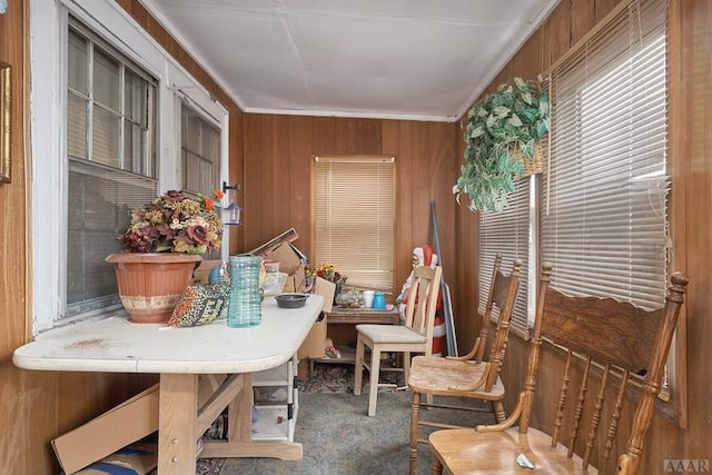 interior space with crown molding and wooden walls