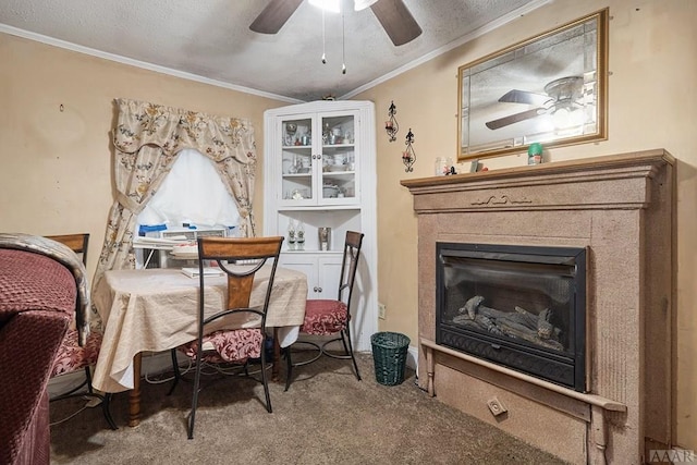 living area with carpet, ornamental molding, ceiling fan, and a textured ceiling