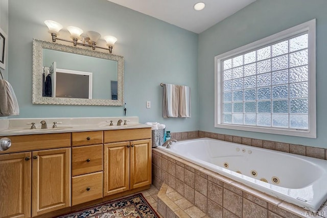 bathroom featuring dual bowl vanity and tile floors