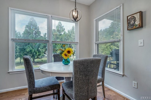 dining area featuring a notable chandelier, a healthy amount of sunlight, and wood-type flooring